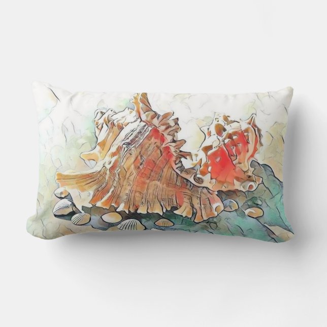 Orange Seashells on beach watercolor painting  Lumbar Cushion (Front)