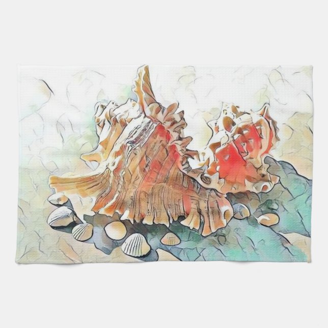 Orange Seashells on beach watercolor painting  Tea Towel (Horizontal)