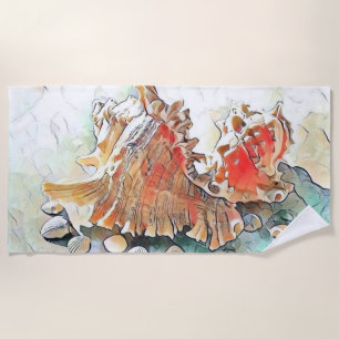 Orange Seashells on beach watercolor painting Towel