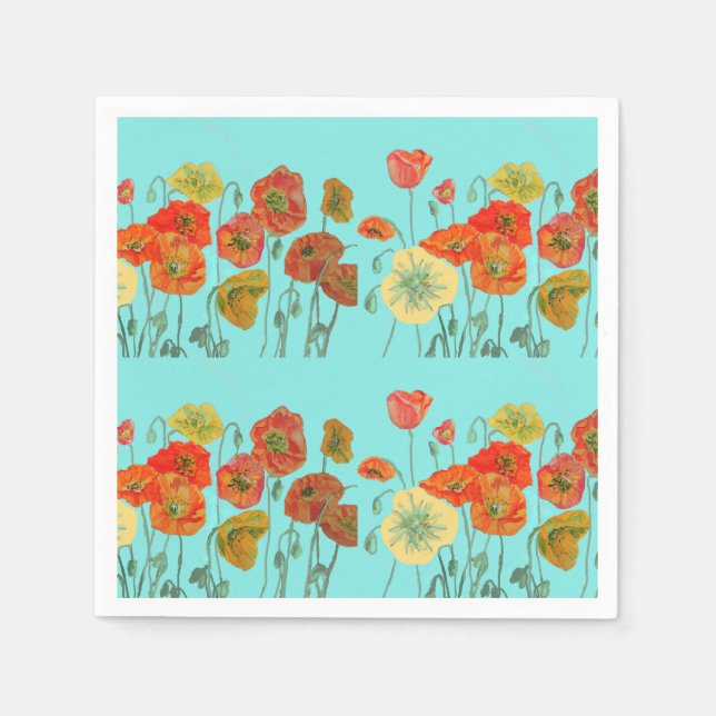 Orange Shabby Poppy Decor Serviette Napkins Aqua. (Front)