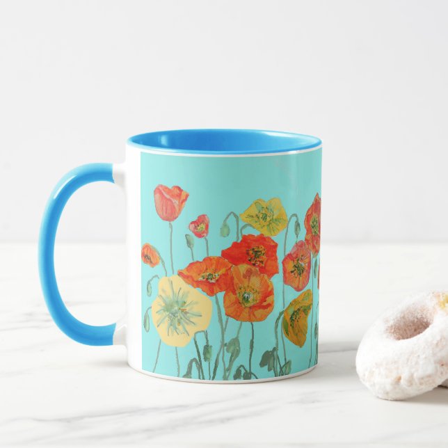 Orange Shabby Poppy Flowers Mum Daughter Mug Aqua (With Donut)