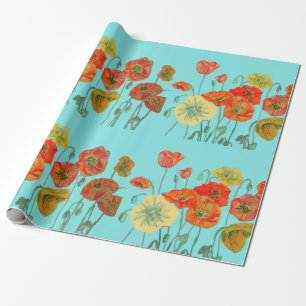 Orange Shabby Poppy Watercolor Wrapping Paper Aqua
