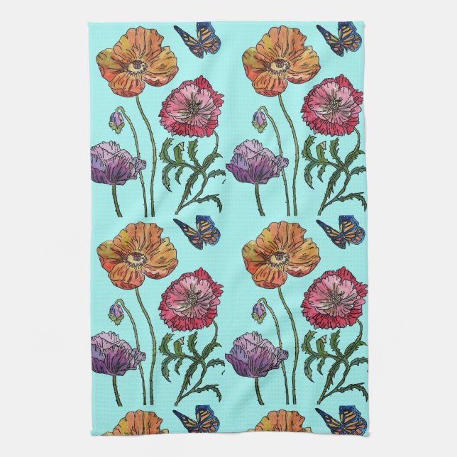 Orange Shabby Poppy Watercolour Tea Towel Aqua (Vertical)