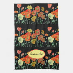 Orange Shabby Poppy Watercolour Tea Towel Black