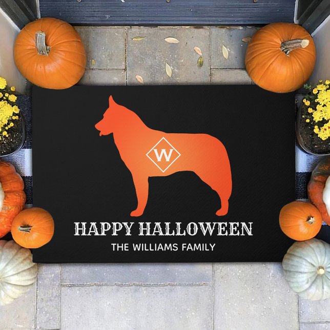 Orange Siberian Husky Silhouette Happy Halloween Doormat (Creator Uploaded)