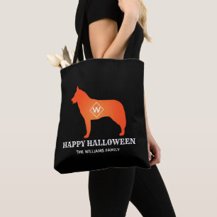 Orange Siberian Husky Silhouette Happy Halloween Tote Bag