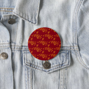 Orange silhouette branch leaves on red 7.5 cm round badge