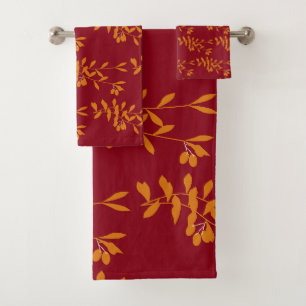 Orange silhouette branch leaves on red bath towel set