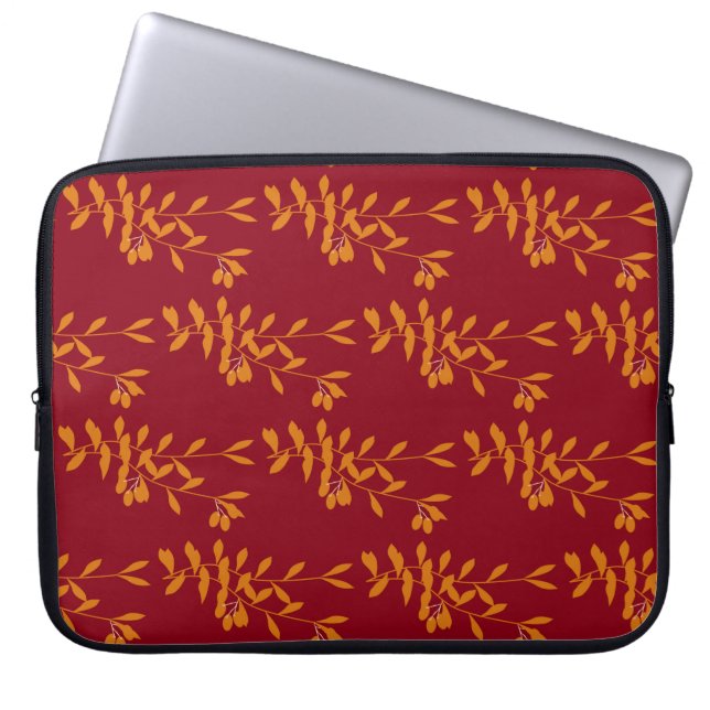 Orange silhouette branch leaves on red laptop sleeve (Front)