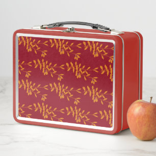 Orange silhouette branch leaves on red metal lunch box