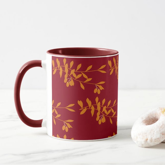 Orange silhouette branch leaves on red mug (With Donut)