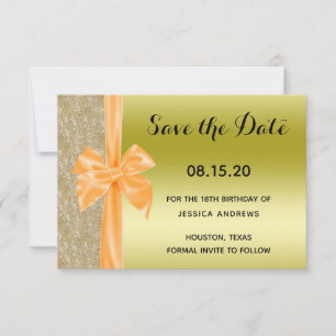Orange Silk Bow Gold Glitter Sequins 18th Birthday Save The Date