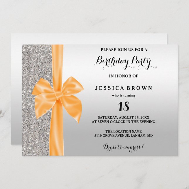 Orange Silk Bow Silver Sequins 18th Birthday Invitation (Front/Back)