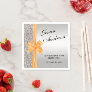 Orange Silk Bow Silver Sequins 18th Birthday Napkin
