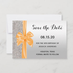 Orange Silk Bow Silver Sequins 18th Birthday Save The Date