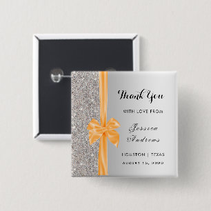 Orange Silk Bow Silver Sequins Birthday Favour 15 Cm Square Badge