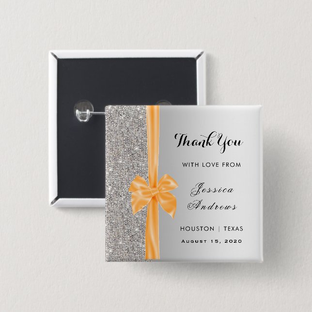 Orange Silk Bow Silver Sequins Birthday Favour 15 Cm Square Badge (Front & Back)