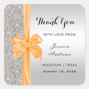 Orange Silk Bow Silver Sequins Thank You Square Sticker
