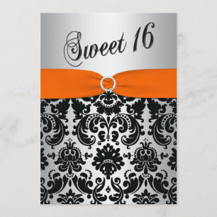 Orange, Silver, Black Damask Sweet 16 Invitation