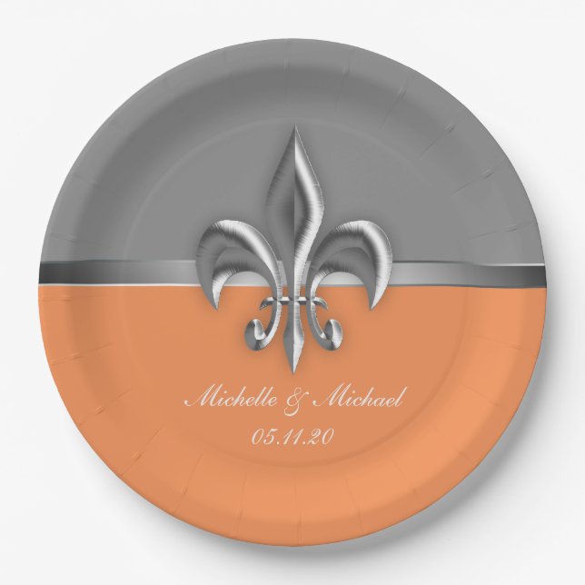 Orange Silver Fleur de Lis Paper Plate (Front)