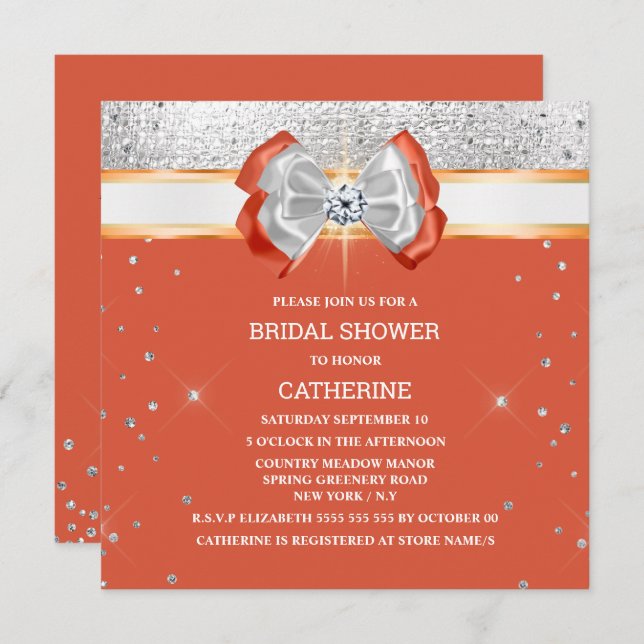 Orange silver glitter bow elegant chic sparkle  invitation (Front/Back)