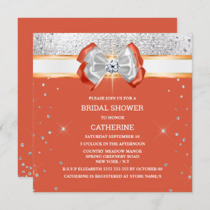 Orange silver glitter bow elegant chic sparkle  invitation