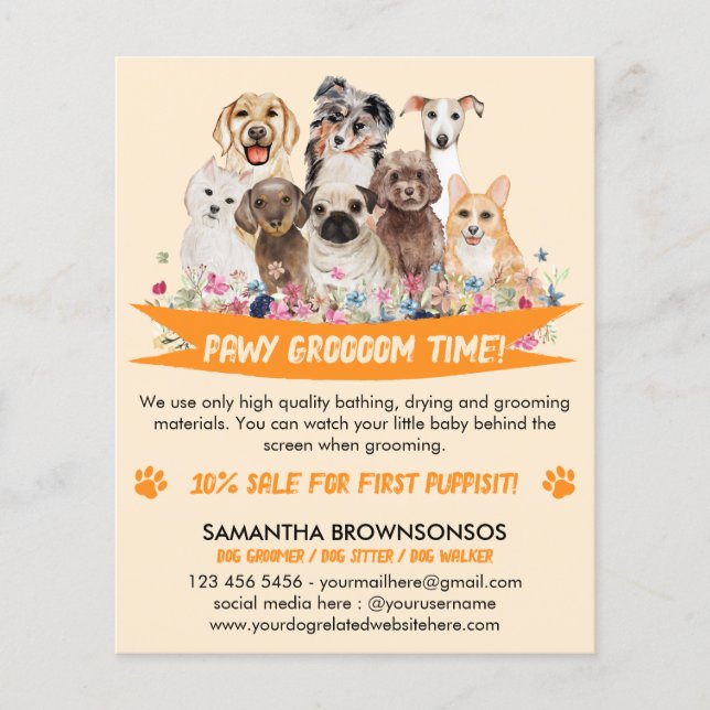 Orange Simple Floral Illustrated Dog groomer Flyer (Front)