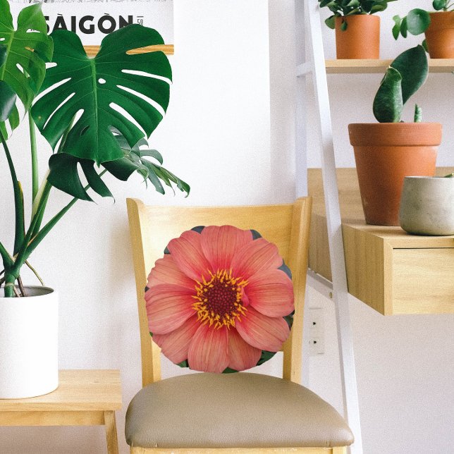Orange Single Dahlia Bloom Floral Round Cushion (In Situ Chair)