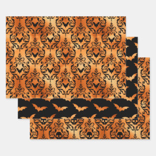 Orange Skull and Bat Halloween Damask Wrapping Paper Sheet