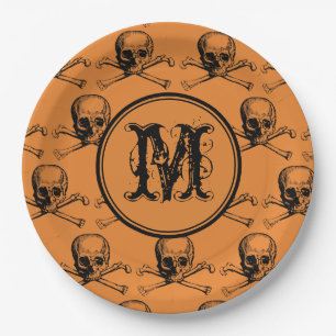 Orange Skull Halloween Personalized Monogram Paper Plate