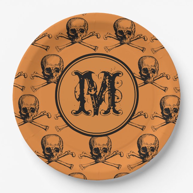 Orange Skull Halloween Personalized Monogram Paper Plate (Front)