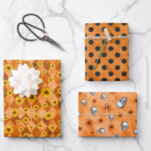 Orange Skulls and Sunflower Series Design 2 Wrapping Paper Sheet