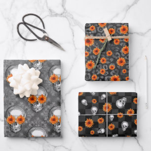 Orange Skulls and Sunflower Series Design 9 Wrapping Paper Sheet