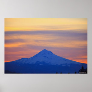 Orange Sky Snow Capped Blue Mountain Poster