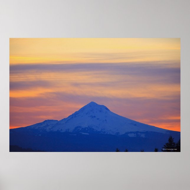Orange Sky Snow Capped Blue Mountain Poster (Front)