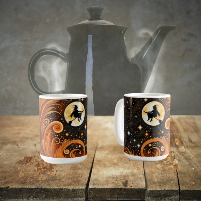 Orange Sky with Moon and Witch On Broom Coffee Mug (Halloween witch across an orange sky and a harvest moon on Halloween night coffee mug. )