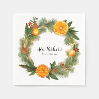 Orange Slice Green Pine Needles Bridal Shower Napkin