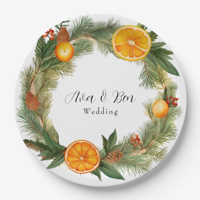 Orange Slice Green Pine Needles Wedding Paper Plate (Front)