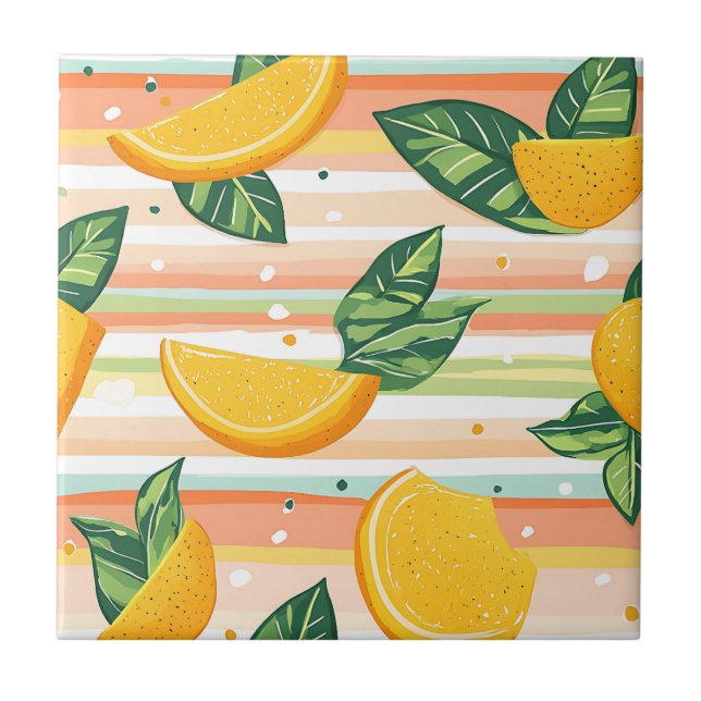 Orange Slice Pattern with Green Leaves on Pastel Ceramic Tile (Front)