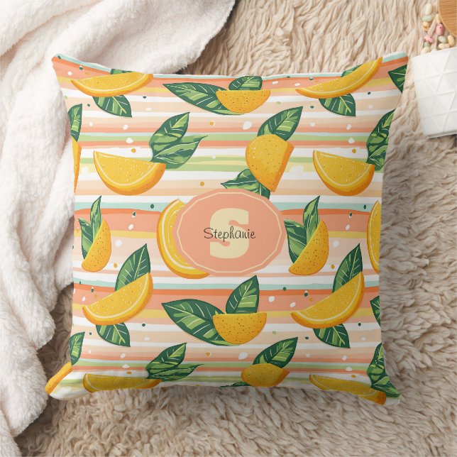 Orange Slice Pattern with Green Leaves on Pastel Cushion (Blanket)
