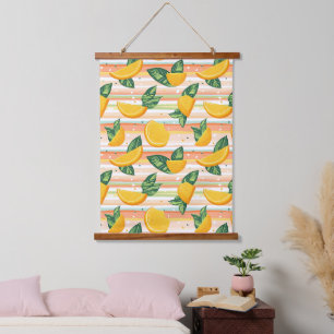 Orange Slice Pattern with Green Leaves on Pastel Hanging Tapestry