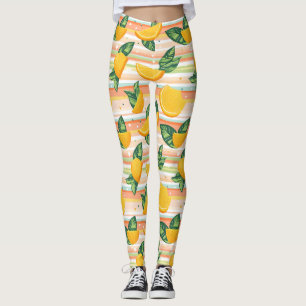 Orange Slice Pattern with Green Leaves on Pastel Leggings