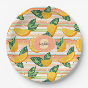 Orange Slice Pattern with Green Leaves on Pastel Paper Plate