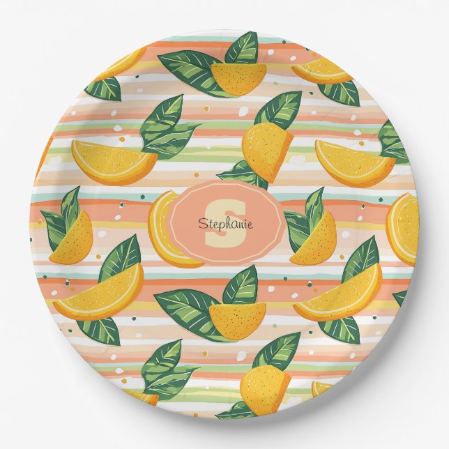 Orange Slice Pattern with Green Leaves on Pastel Paper Plate (Front)