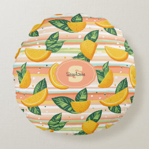 Orange Slice Pattern with Green Leaves on Pastel Round Cushion