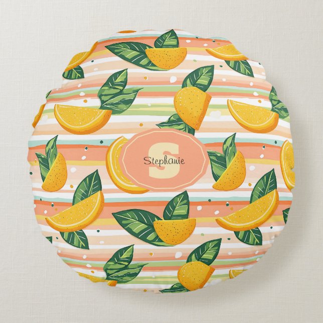 Orange Slice Pattern with Green Leaves on Pastel Round Cushion (Front)