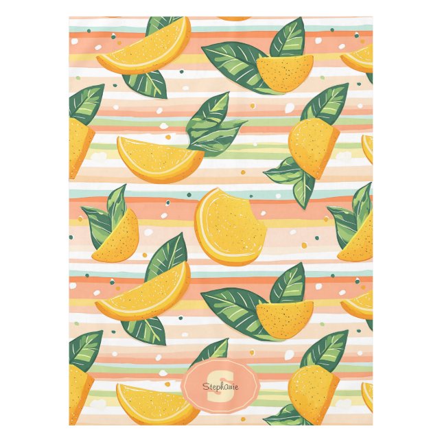Orange Slice Pattern with Green Leaves on Pastel Tablecloth (Front)