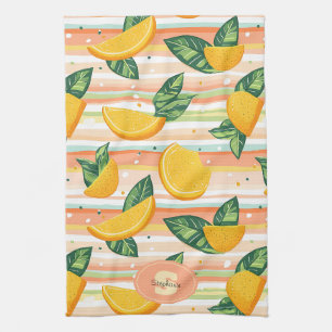 Orange Slice Pattern with Green Leaves on Pastel Tea Towel