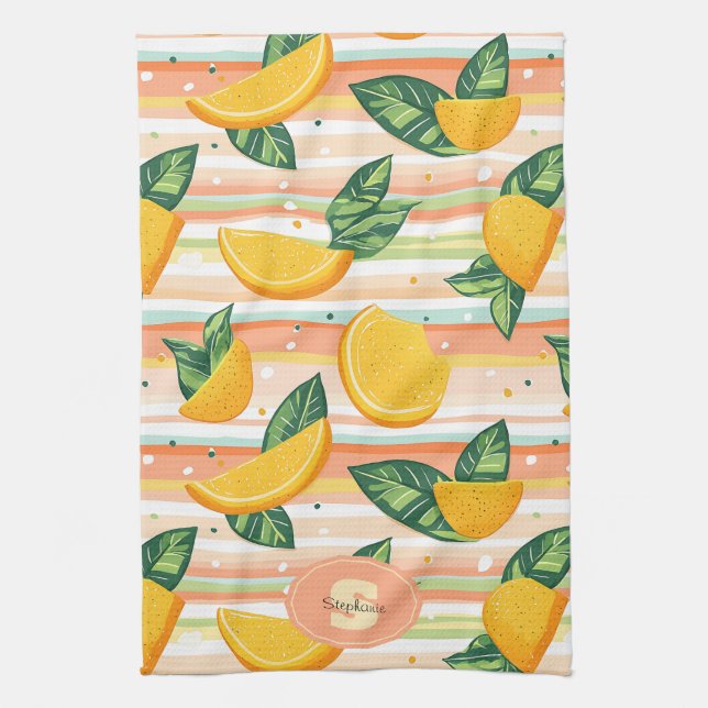 Orange Slice Pattern with Green Leaves on Pastel Tea Towel (Vertical)