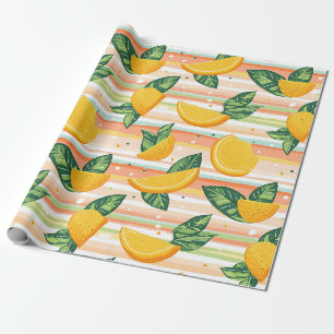 Orange Slice Pattern with Green Leaves on Pastel Wrapping Paper